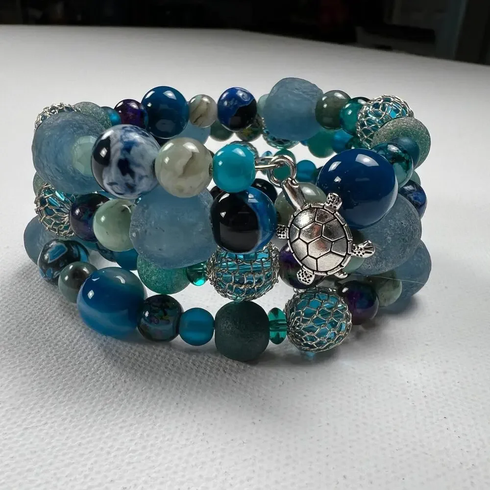 Hand Beaded Coil Statement Bracelet Beachy Turquoise Beads and Mixed Metals